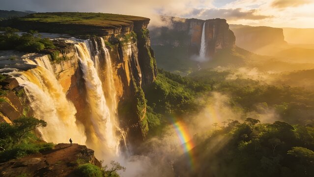 Majestic Angel Falls Salto Angel Plunging from Tepui Mountain Canaima National Park Venezuela Golden Hour Rainbow Mist