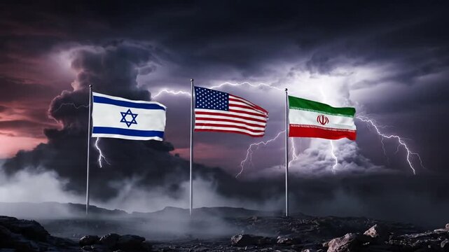 International tension symbolized by Israeli US and Iranian flags