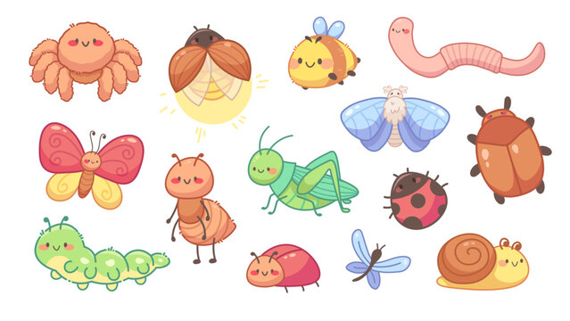 Cute kawaii insect set. Vector spring collection of bugs, garden animals, cozy characters. Cheerful spring doodles