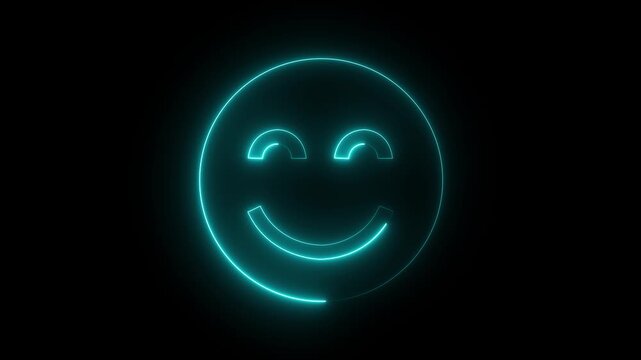 Glowing Blue Smiling Face Emoticon Neon Sign on Black Background for Digital Media and Communication 4k video.