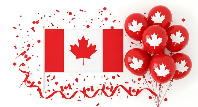 Canadian flag and maple leaf icons in a creative arrangement with red splatters.