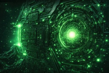 Obraz premium Futuristic green quantum machine with glowing energy portal core and complex cyber mechanical structure. Advanced sci fi technology system visualization.