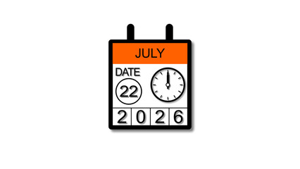 4K calendar illustration July 22 date 2026 illustration . black background clean and stunning 4k illustration.