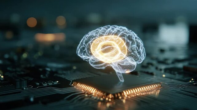 Digital Brain: An intricate 3D rendering of a brain, shimmering with luminescent light, hovering above the circuit board.