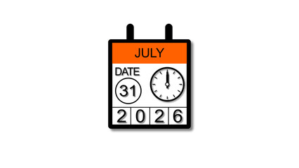 4K calendar illustration July 31 date 2026 illustration . black background clean and stunning 4k illustration.