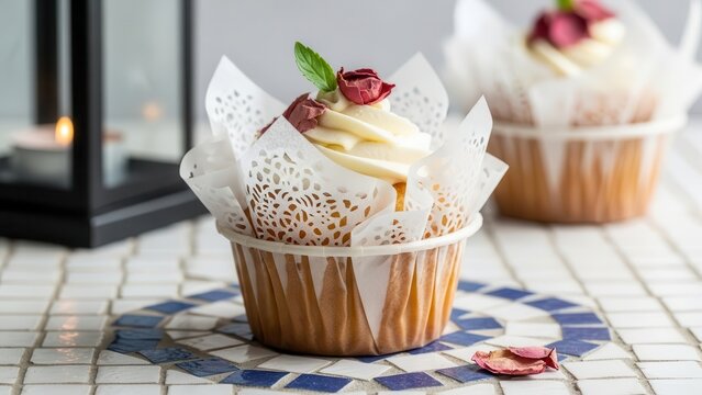 Gourmet vanilla cupcake with white frosting, fresh rose petal, and mint leaf garnish, presented in a decorative paper liner on a tiled surface with a lantern in the background