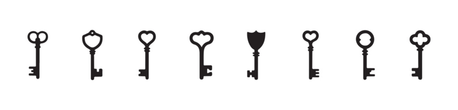 Assortment of simple heart and shape silhouette antique keys vector icons