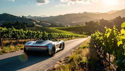 Fototapeta premium Sports car driving on road through vineyard landscape at sunset, travel