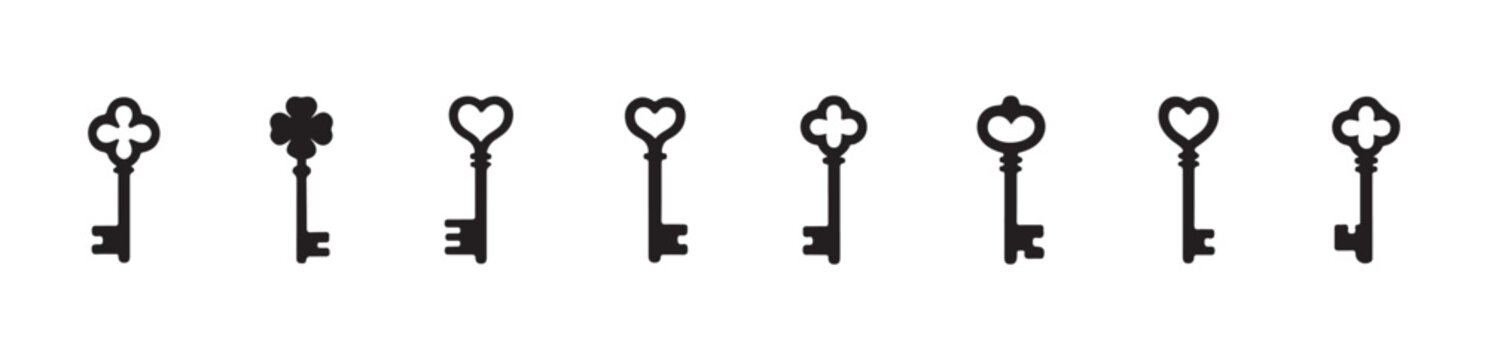 Group of decorative ornate skeleton keys featuring clover and heart tops