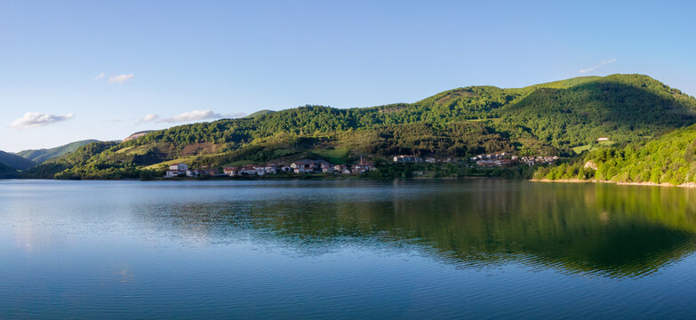 panoramic view of the lake and the village of Eugi in the autonomous community of Navarre 