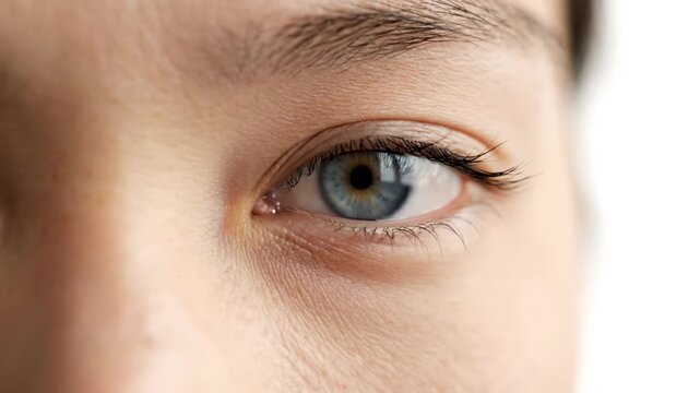 Close-up shots of a child's face, showing both eyes and eyelids, transitioning from closed to open with detailed skin texture, eyelashes, and eye color, emphasizing facial features and eye expression