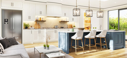 Naklejka premium Stylish modern kitchen with pantry storage and island