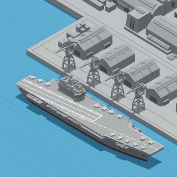 Aircraft Carrier Docked at Naval Base.