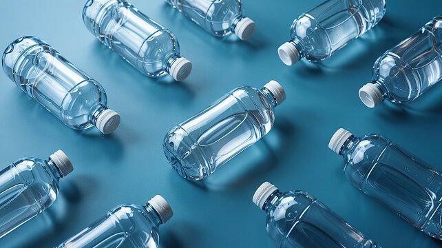 Multiple plastic water bottles are scattered on a blue background, World Water Day 