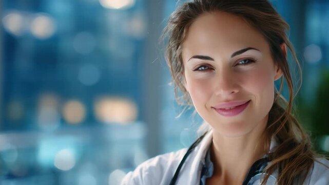 Confident and Caring Doctor: A close-up portrait of a compassionate doctor radiates warmth and confidence, a symbol of hope and care in the healthcare profession. The image focuses on a friendly.