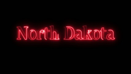 Neon sign with red letters spelling north dakota on black background