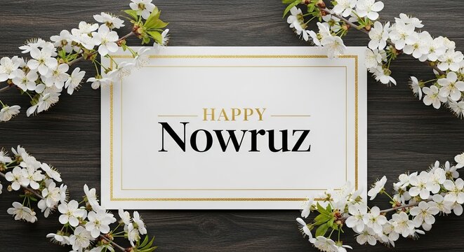 Happy Nowruz greeting card surrounded by spring flowers