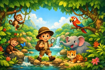 Naklejka premium ジャングルを冒険する子どもと動物たちのカラフルなイラスト（児童書・絵本カバー向け） / Colorful Jungle Adventure Illustration with Child Explorer and Playful Animals (Children’s Book Cover)