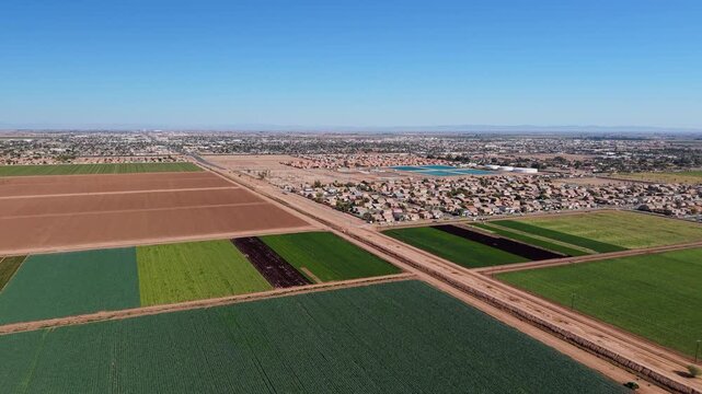 Aerial view of neatly partitioned agricultural fields showing a patchwork of textures and contrasting colors next to a residential area, El Centro, California, United States.