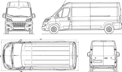 Technical line drawing of a commercial delivery cargo van featuring front side top and back view outlines for vehicle branding mockups. © Md