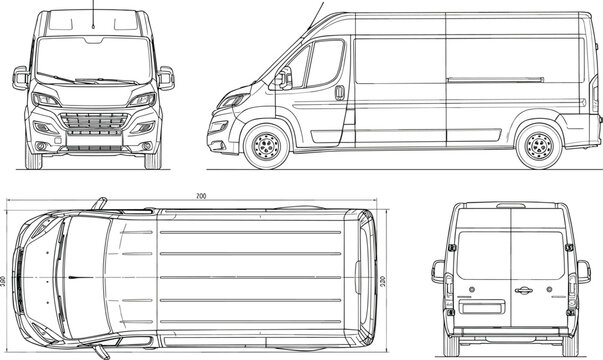 Technical line drawing of a commercial delivery cargo van featuring front side top and back view outlines for vehicle branding mockups.