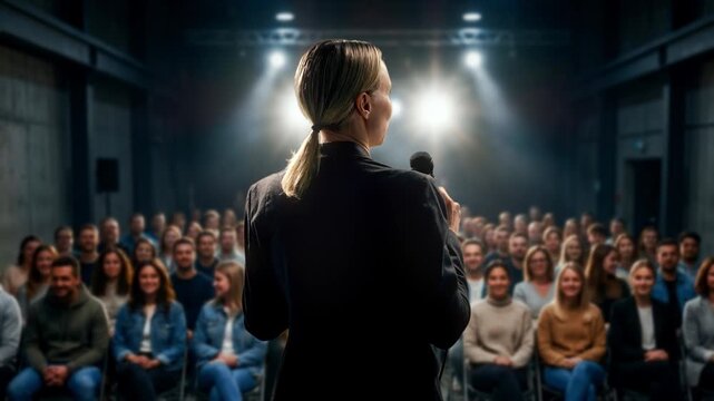 Female Candidate Passionately Communicates With Enthusiastic Crowd Amid Campaign Banners And Press Coverage