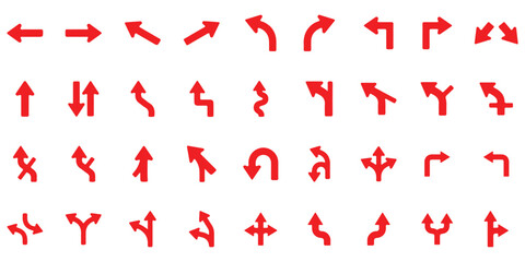 Traffic direction arrow vector set, road sign icons, intersection symbols, curved and U-turn indicators, infrastructure signage, black silhouette illustration © paradise@11111111111