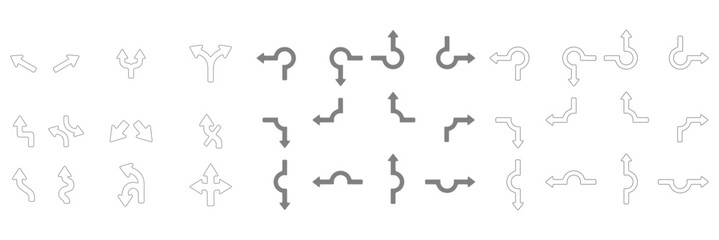 Way direction icon set. three arrow, way sign, road direction icon vector. Turn arrow navigation sign. Traffic route vector illustration.