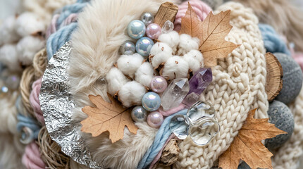 Abstract macro composition of diverse tactile textures with faux fur, crystals, and knitwear in pastel tones