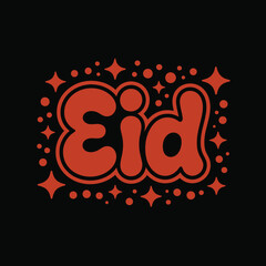 Red " Eid" Text with Stars and Circles on Black islam