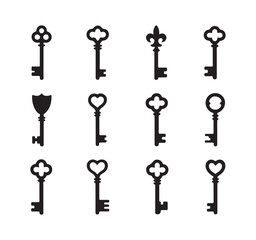 Twelve simple antique skeleton keys vector silhouettes collection on white background decorative element design material.
