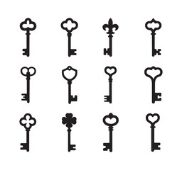 Vintage key silhouettes collection set of twelve antique skeleton shapes for lock and secret access