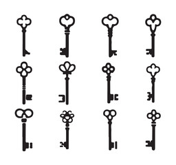 Collection of black and white antique keys decorative vintage designs for unlocking old secrets