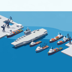 Naklejka premium Large Cargo Ship with Tugboats and Cranes.