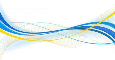 Obraz premium Dynamic blue and yellow flowing wavy lines on a clean white background for modern corporate branding, technology websites, and creative advertising.