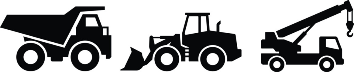 Set of black heavy machinery silhouettes isolated on white background, including dump truck, bulldozer and crane for industrial construction design, © ElectroTeam