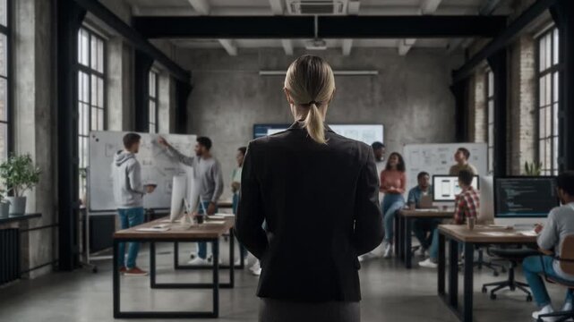 Chief Leader Communicates Plans With Energetic Team Surrounded By Designs And Digital Devices
