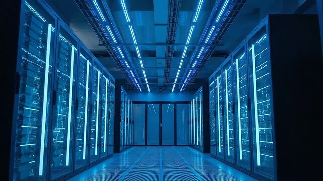 Intelligent power distribution data center aisle with server rack corridor cooling blue lighting and futuristic LED network visualization conveying