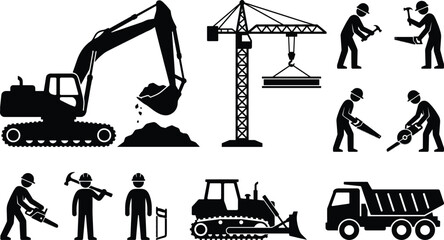 Set of black construction silhouettes isolated on white background, including workers heavy machinery excavator crane and truck for industrial building design, © ElectroTeam