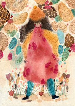 A very colourful lady with a hat