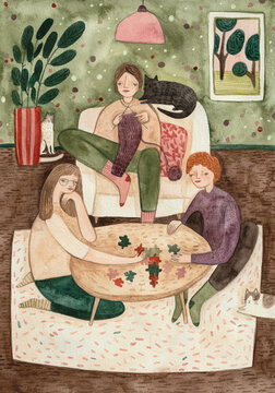 A family together in a living room - the daughters putting together a puzzle and the mother knitting