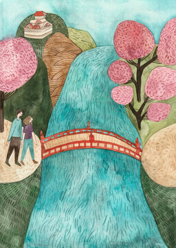 A couple about to cross a bridge in japan, with sakura trees and mountains on the background