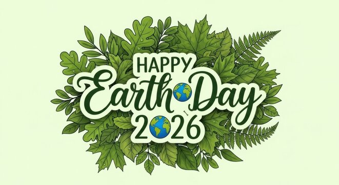 Happy Earth Day 2026 eco friendly message with green leaves