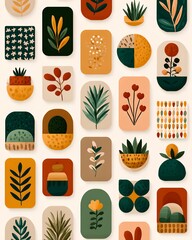 Abstract patterns of plants and flowers in a collection of artistic and colorful designs 