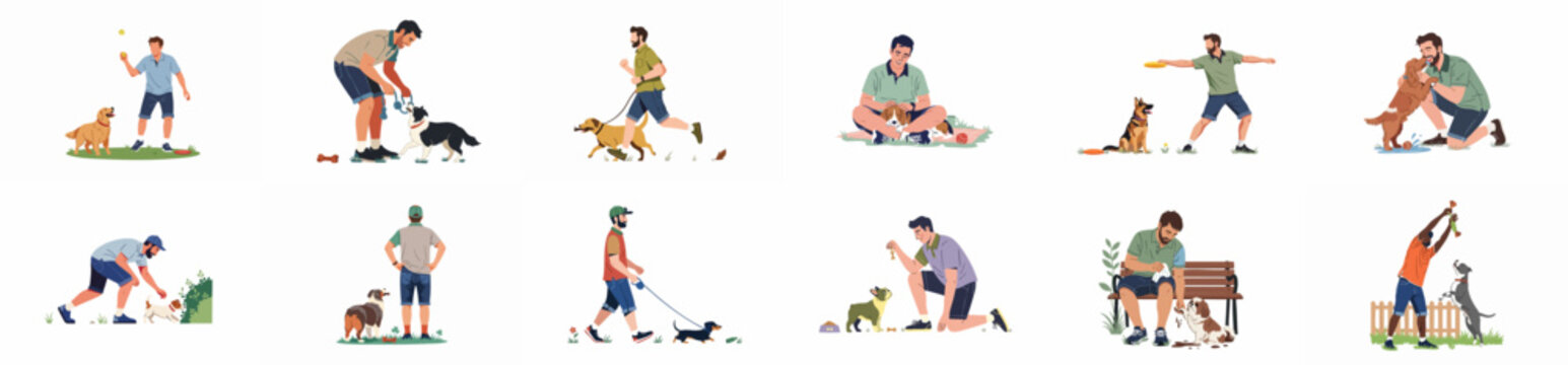 Men and their dogs enjoying various outdoor activities: playing, walking, training, and bonding moments in a park setting.