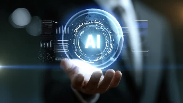 AI on Hand: The future is in your hands. A sleek digital interface displaying AI hovers above a outstretched hand, symbolizing the potential of artificial intelligence.