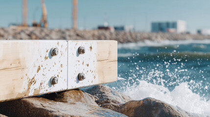 Fototapeta premium Pier beam with wave splash at base a stormy shot for marine promotion and shoreline protection