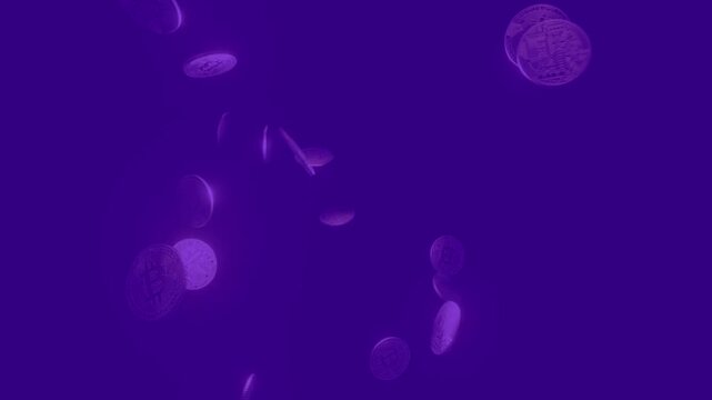 3D Animation of Bitcoin Coins Stacked in Front of a Digital Globe with Falling Crypto Currency on Purple Background