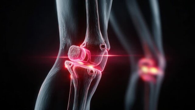 Knee Joint Inflammation: An x-ray-style visualization of the knee joint with highlighted areas of inflammation, representing pain and medical condition.