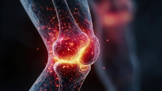 Anatomy of Knee Pain: A detailed depiction of a human knee joint reveals a vivid display of inflammation, emphasizing the complex structure and underlying issues.
